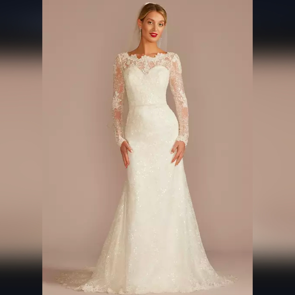 NEW OLEG CASSINI Long Sleeve Beaded Sheath Wedding Dress Gown CWG975 sz 8 Ivory